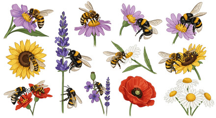 Collection of various colorful flowers with bees