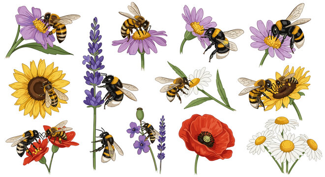 Collection of various colorful flowers with bees