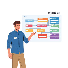 Man presenting project plan on large flowchart diagram