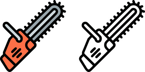 Orange Power Chainsaw Wood Cutting Tool Flat and Outline Icon