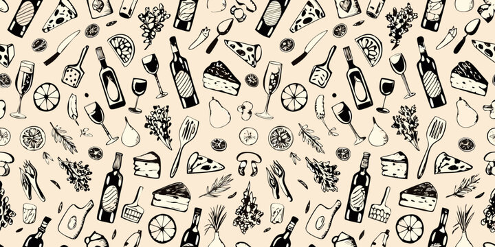 A delightful pattern of wine cheese fruit and culinary items