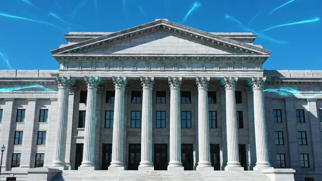 Grand classical building with white columns under a bright blue sky with subtle digital light streaks, representing government or finance.