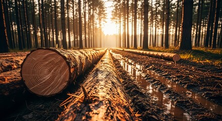 Stacked pine logs in a forest clearing with sunlit logging road and muddy tracks Keywords: logs, timber, lumber, wood, pine, forest
