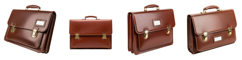 Set of Classic Brown Leather Briefcases and Business Bags, Isolated on White Background, Oil Paint PNG