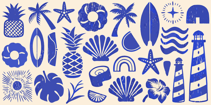 A collection of blue summer icons pineapples seashells and nautical elements