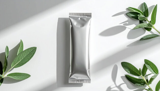 Silver sachet stick pack with green leaves on a white background with shadows.