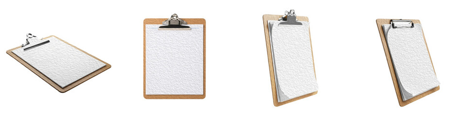 Set of Wooden Clipboards with Blank White Paper Sheets, Isolated on White Background, Oil Paint PNG