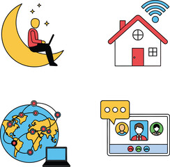 Fototapeta premium Freelance remote work and global communication icon set featuring home office wifi, video conference call, and world network connectivity symbols.