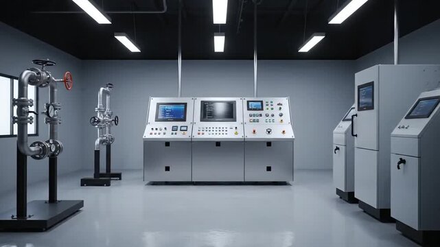 Modern industrial control room with advanced scientific equipment and multiple screens in a bright studio.