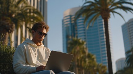 In a modern urban environment, a digital nomad uses a laptop outdoors, surrounded by tall buildings, illustrating the flexible work arrangements that urban settings can offer to remote