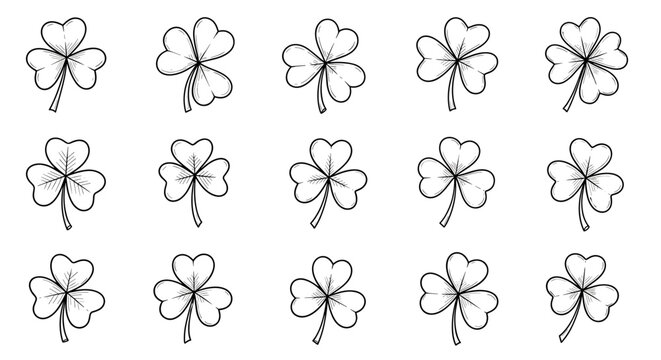 Collection of handdrawn fourleaf clovers with simple line art