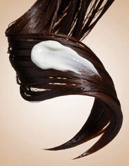 studio photography of hair textures, a lock of wet brown hair covered with white hair mask, conditioner, balm, against light beige gradient background, hair coloring, hair lightening, keratin