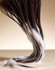 studio photography of hair textures, a lock of wet brown hair covered with white hair mask, conditioner, balm, against light beige gradient background, hair coloring, hair lightening, keratin