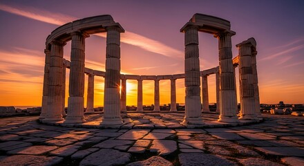 Fototapeta premium Ancient stone columns of a circular ruin frame a vibrant sunset over the horizon