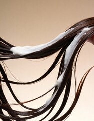 studio photography of hair textures, a lock of wet brown hair covered with white hair mask, conditioner, balm, against light beige gradient background, hair coloring, hair lightening, keratin