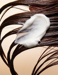 studio photography of hair textures, a lock of wet brown hair covered with white hair mask, conditioner, balm, against light beige gradient background, hair coloring, hair lightening, keratin