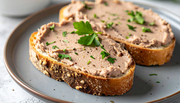 Crusty bread with smooth liver pate and fresh herbs, tasty lunch snack, flat lay, appetizing food.