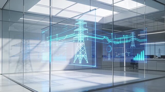 Glass‑walled smart‑grid control hub with floating holographic power‑flow maps, cool white lighting, and layered reflections across transparent displays.
