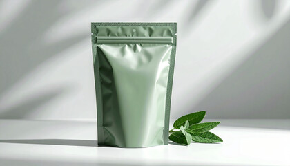Fototapeta premium Green stand-up pouch packaging with fresh sage leaves on a white surface, featuring natural light and leaf shadows.