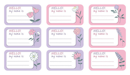 Notebook labels with cute kids icons of flowers, colorful design, template for school book labels. Set bright name stickers for notebook. Back to school labels. Name and Class