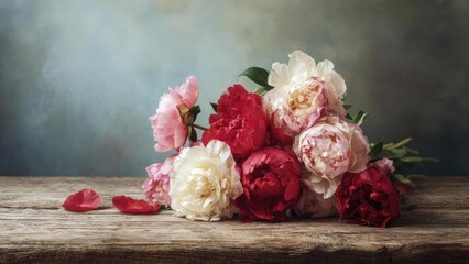 Naklejka premium Bouquet of pink, red, and white peonies on a rustic wooden table. Concept Peony bouquet, Pink flowers, Red flowers, White flowers, Rustic wooden table