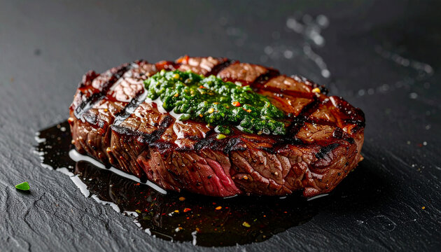Grilled wagyu bavette steak with chimichurri sauce on dark table, delicious meal. Cooking and culinary
