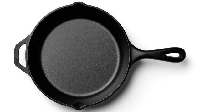 A round cast-iron skillet with a long handle, seen from above. Concept Overhead view, round cast-iron skillet, long-handle cookware, rustic kitchenware, flat-lay photography