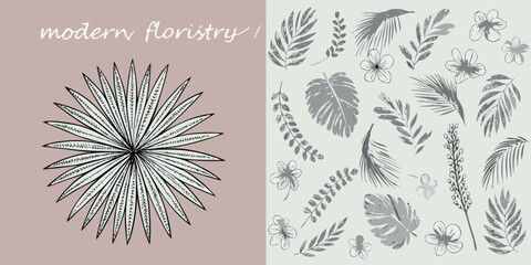 Modern floral design featuring sketched tropical leaves and delicate botanical illustrations © Ranu