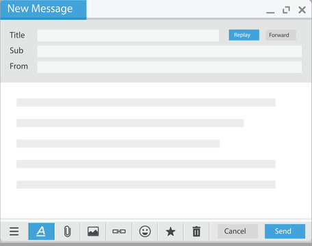 Email page interface Email message template. Mockup blank mail screen window. Browser interface with with send form of mail box.