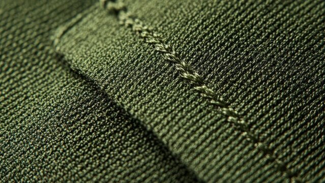 Close-up of olive-green twill fabric with a diagonal weave and a stitched seam. Concept Close-up Fabric, Olive-green Twill, Diagonal Weave, Stitched Seam, Fabric Texture