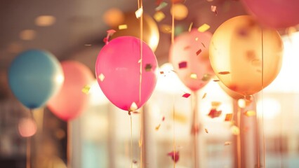 Obraz premium Colorful balloons in pink, blue and gold float indoors as confetti showers down for a festive party. Concept Indoor party balloons in pink blue and gold, Confetti shower for a festive party