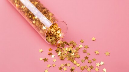 Obraz premium Pink tube spilling gold star confetti onto a pink background Concept Confetti Burst, Gold Star Confetti, Pink Backdrop, Party Glam, Celebration Moment