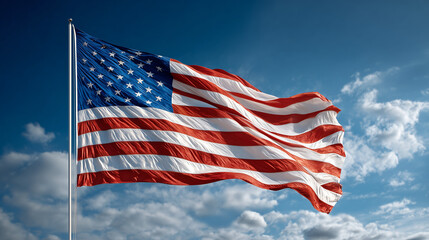 United States of American flag waving in blue sky