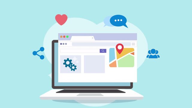 Laptop displaying a website with map and social media icons.