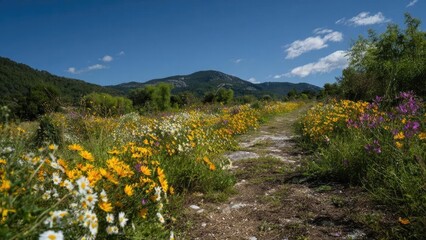 Obraz premium dirt path through a meadow of yellow, white, and purple wildflowers with green hills and a bright blue sky in the background Concept Dirt path through a meadow of wildflowers