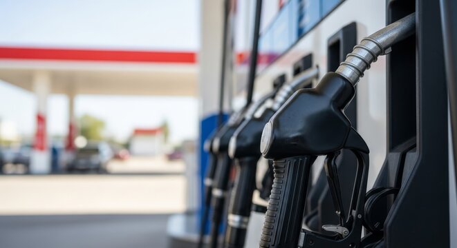 Gas station fuel nozzles close up with blurred background
