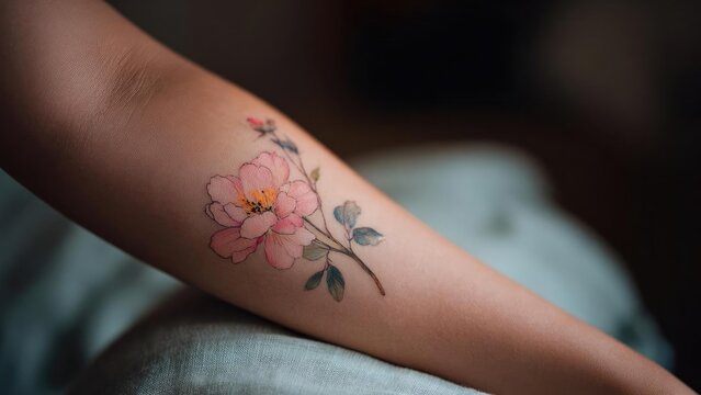 Pink floral tattoo on a forearm with delicate pink petals, green leaves and a brown stem. Concept Floral forearm tattoo, Pink petal design, Green leaves and brown stem, Botanical ink