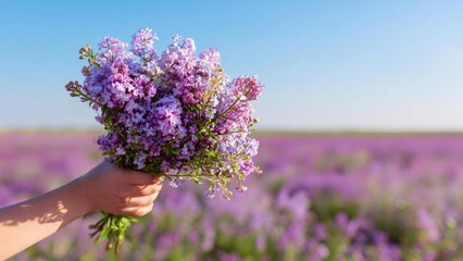 Obraz premium A hand holds a bouquet of lilac flowers in a purple field under a clear blue sky. Concept Lilac bouquet, Purple field, Clear blue sky, Hand-held bouquet, Floral portrait
