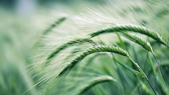 Close-up of green barley ears with long awns bending in a field Concept Barley close-up macro, Green barley ears, Long awns, Field texture, Agricultural macro photography