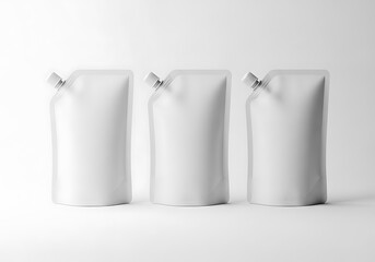Three blank white spouted pouches arranged in a row on a white surface