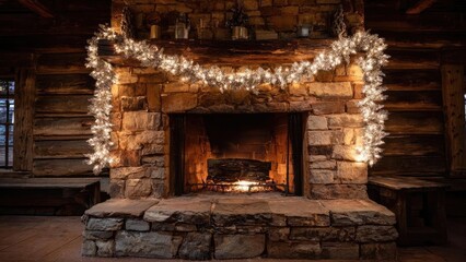 Obraz premium Rustic stone fireplace with a crackling fire and a white garland of lights draped across the mantel. Concept Rustic Fireplace, Crackling Fire, White Garland Lights, Mantel Decor, Cozy Ambience