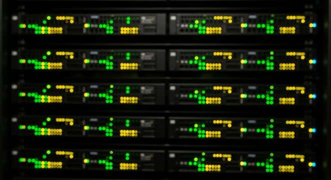Server Room Infrastructure with Blinking Green Lights Data Center - Powered by Adobe