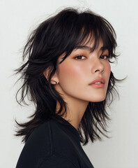 A Korean model with a modern Wolf Cut, textured layers, longer back, messy fringe, natural wavy texture, plain white background