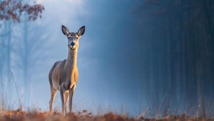 Fototapeta premium A roe deer standing in a misty blue forest at dawn. Concept Roe Deer, Misty Forest, Dawn Light, Blue Hour, Wildlife Photography