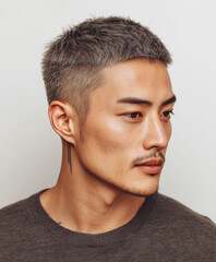 A Korean man with an Overgrown Buzz Cut, muted graphite grey metallic hair color, subtle minimalist hair tattoo line on the side, plain white background