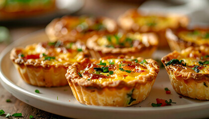 Mini quiches on plate, savory finger food, appetizing snack. Cooking and culinary concept.