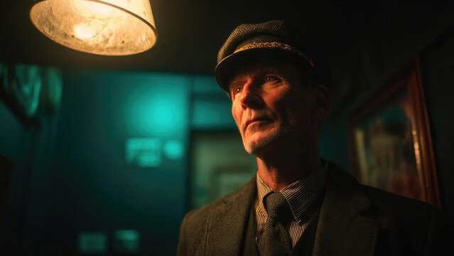 A man in a suit and flat cap stands in a dim room, lit by a warm hanging lamp overhead. Concept Suit, Flat Cap, Dim Room, Warm Lighting, Portrait