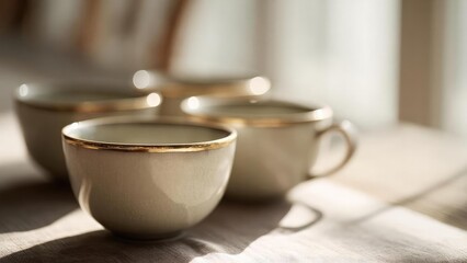 Obraz premium Three cream-colored teacups with gold rims on a sunlit table. Concept Cream teacups with gold rims, Sunlit table setting, Elegant porcelain, Warm morning light, Tea time ambiance