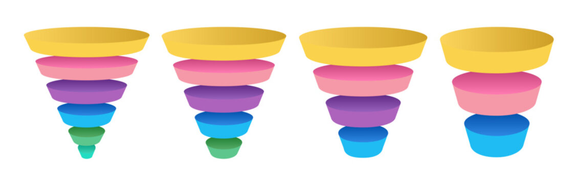 Funnel infographic set 3d for business strategy, presentation, start up project, theory basic operation, logic analysis