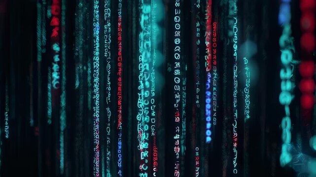 Neon digital script streams down in vertical lines against a dark, abstract background